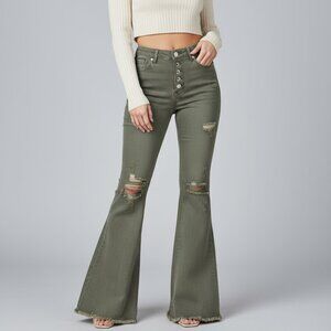 Forever 21 Women's Olive Green Flare Button Fly Mid Rise Stretch Jeans